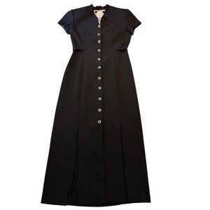 Vintage Office Vamp Dark Pinstripe Maxi Dress Button Front Black White Size 10